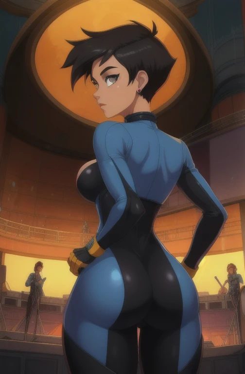 angelkof, very short black hair, short hair, tomboyish hairstyle, grey eyes, 
 navel, zipper, fingerless gloves, underwear, bodysuit chaps, cleavage,   
standing,  upper body, standing, back view, booty
city,  concert,  
(insanely detailed, beautiful detailed face, beautiful detailed eyes, masterpiece, best quality),solo, 
 