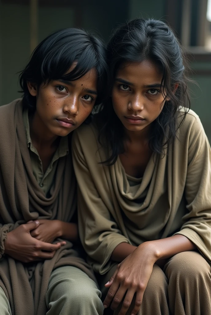 two 6-year-old children, with dirty clothes, with dirt on their faces and arms; portrait of two girls, delicate features with a sad look, inside a basement