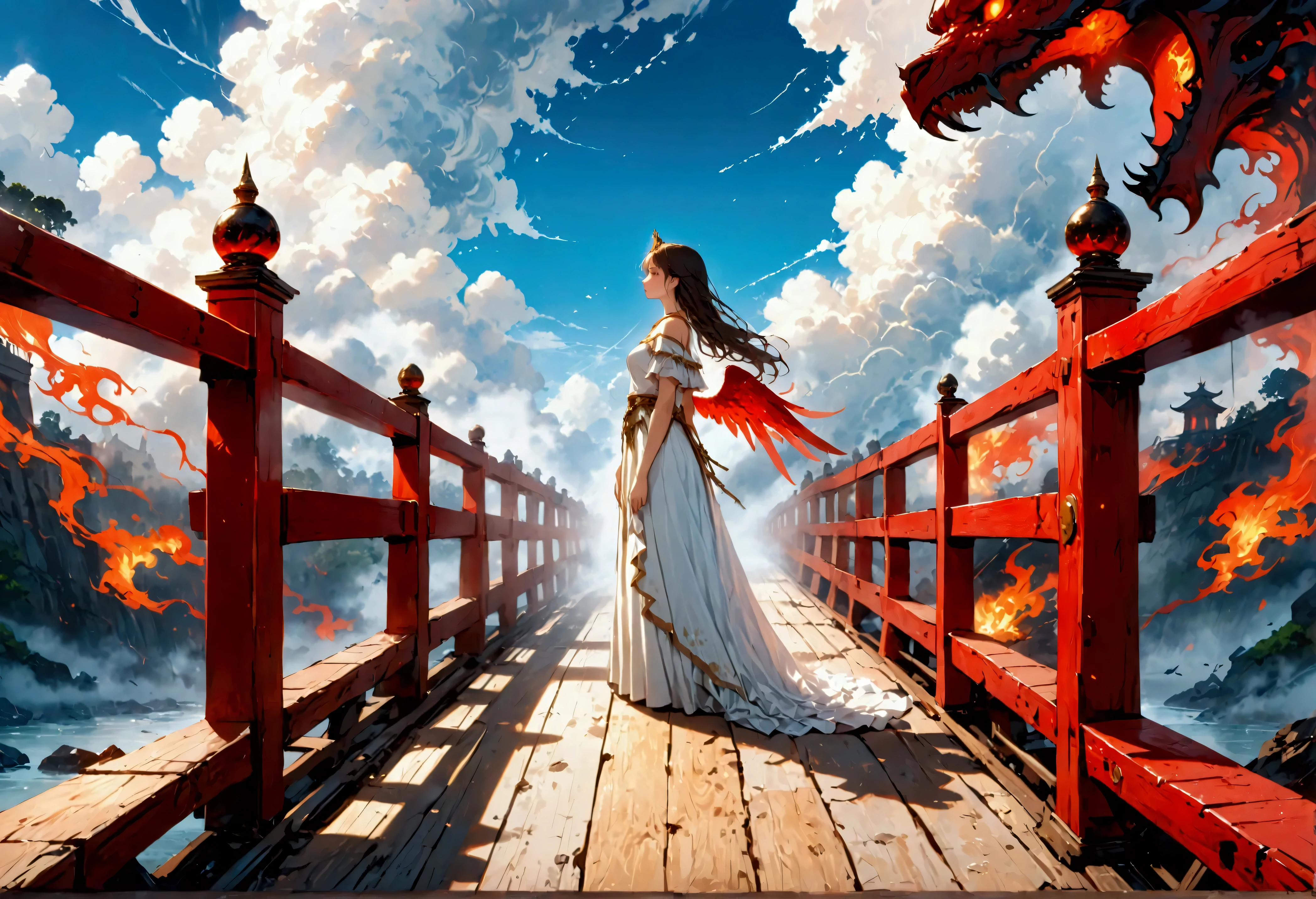 a picture ((a view from the side)), of wooden bridge between hell and heaven, from one side of the bridge inferno of hell and fire, from the other side of the bridge, celestial calm, heavenly clouds,  there is a river under the bridge, mist rising from the river, masking part of the bridge, a female angel stand guard,  best details, best quality, highres, 16k, (ultra detailed: 1.5), masterpiece, best quality, (extremely detailed) RAW, (ultra details, Masterpiece, best quality), 