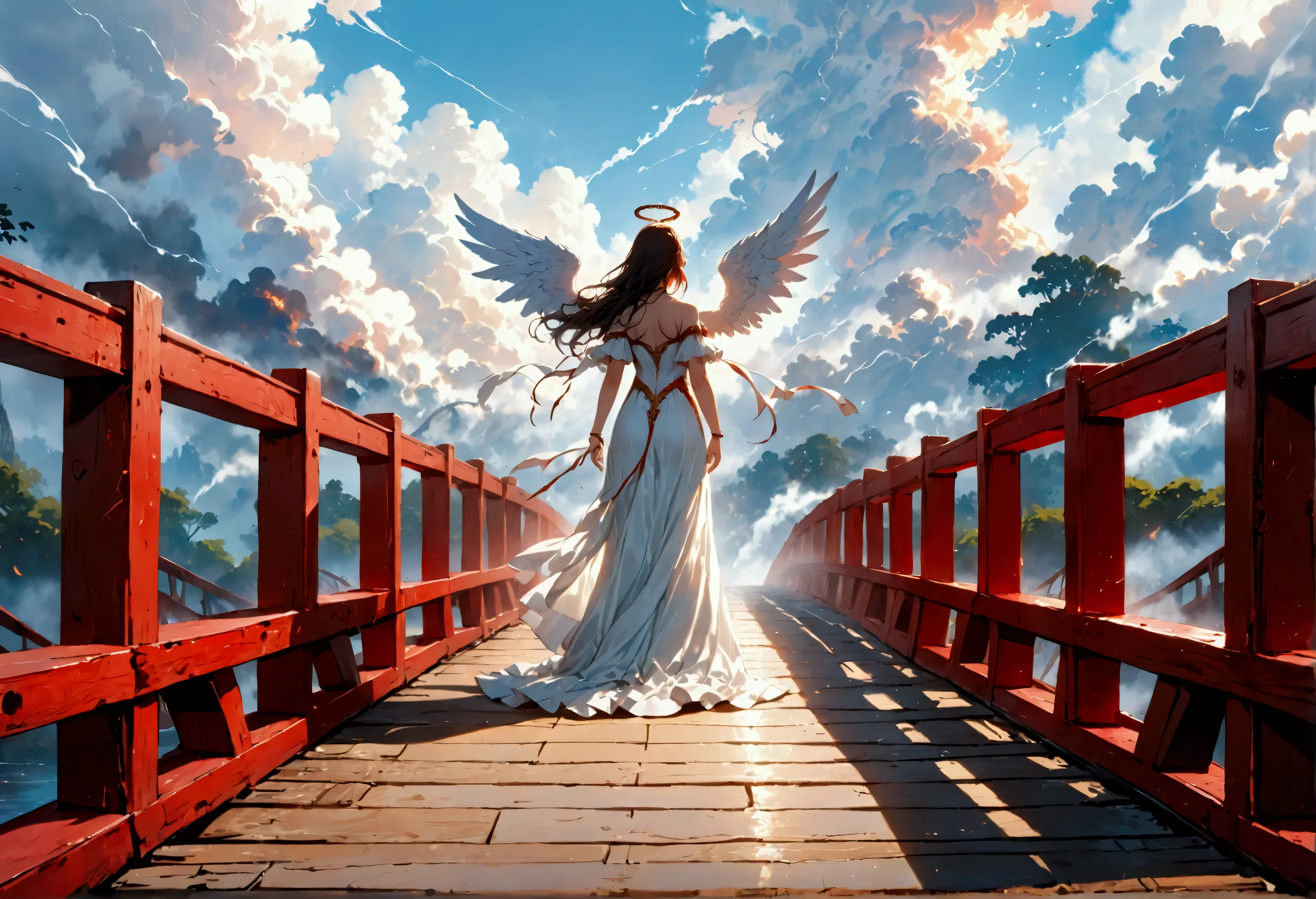 a picture ((a view from the side)), of wooden bridge between hell and heaven, from one side of the bridge inferno of hell and fire, from the other side of the bridge, celestial calm, heavenly clouds,  there is a river under the bridge, mist rising from the river, masking part of the bridge, a female angel stand guard,  best details, best quality, highres, 16k, (ultra detailed: 1.5), masterpiece, best quality, (extremely detailed) RAW, (ultra details, Masterpiece, best quality), 