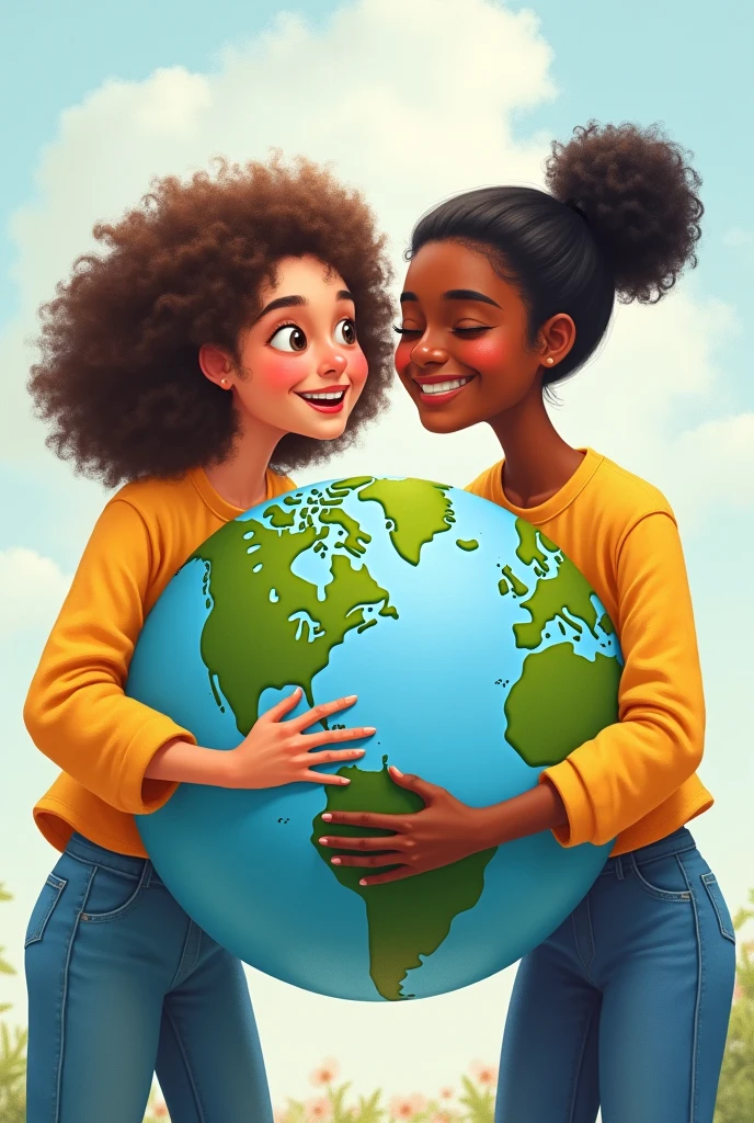 Two cheerful human ren in the midst of them a globe being embraced