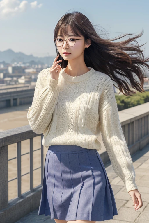 (( best quality)), ((傑 best quality、masterpiece、High sensitivity、 high definition 、詳細な描写、 Delicate Facial Description)), Slender woman、Glasses、 jumper skirt、A strong wind is blowing、Hair gets messy、 turn your skirt over 、