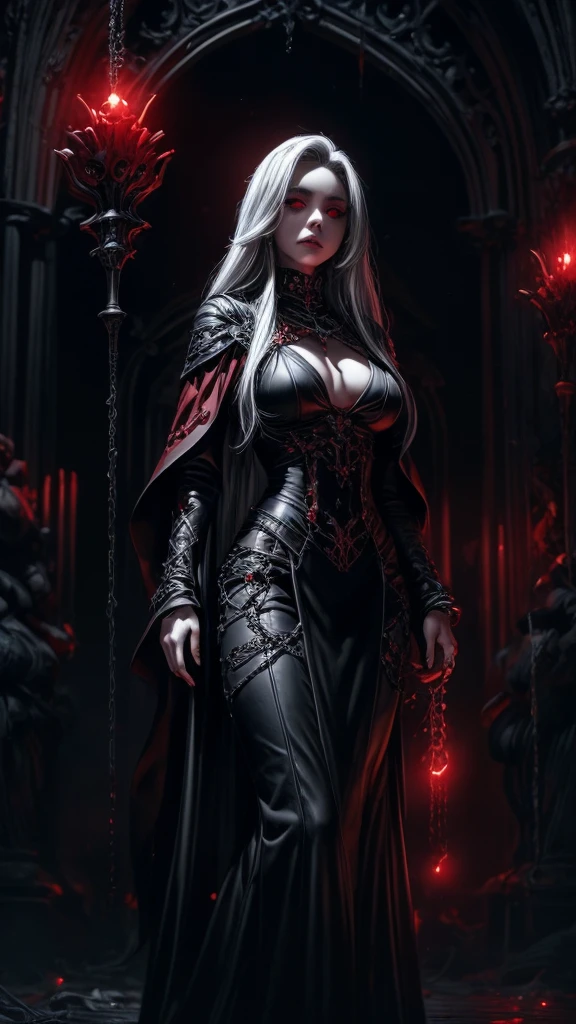 woman, ultra high details, dark fantasy, grim background, bloom, glowing red eyes, dark environment, bloody theme, sharp chains, hips up, witch, nardack, pale skin, red light effect, white hair,