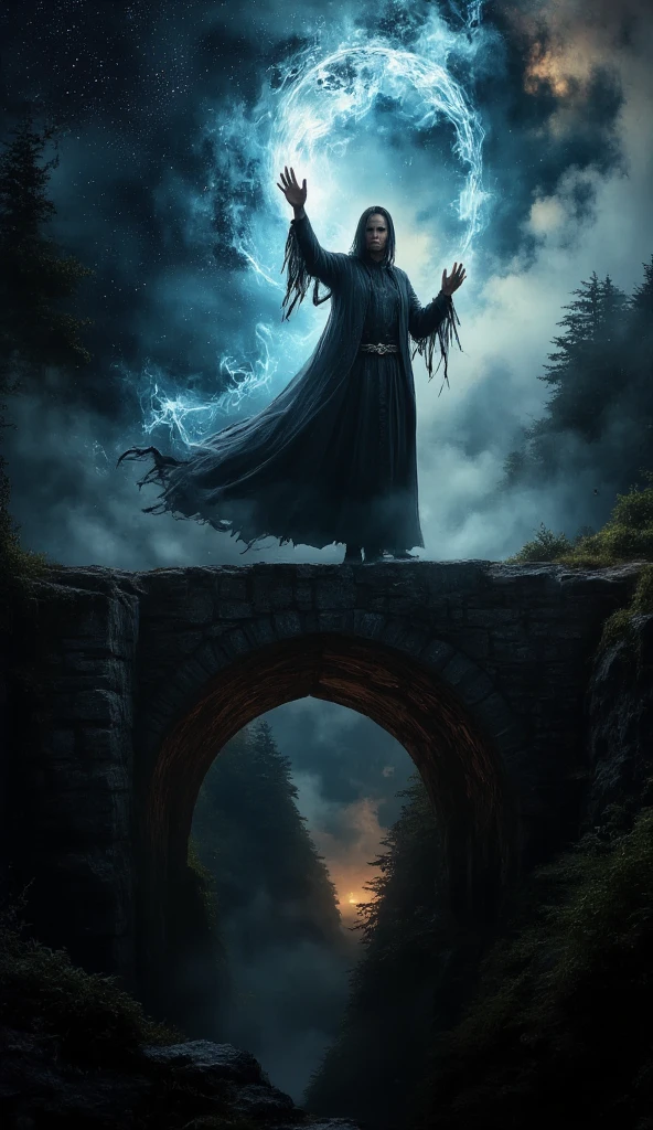 Panorami view, landscape, huge ancient bridge hiddrn in fog, a dark sorcerer standing on an huge ancient bridge, creating a magical fog that covers the bridge and the surrounding area, the bridge towering over a deep ravine, dark fantasy, horror, (best quality,4k,8k,highres,masterpiece:1.2),ultra-detailed,(realistic,photorealistic,photo-realistic:1.37),HDR,UHD,studio lighting,ultra-fine painting,sharp focus,physically-based rendering,extreme detail description,professional,vivid colors,bokeh,dark fantasy,dark art,occult,mystical,supernatural,fantasy landscape,cinematic lighting,dramatic shadows,moody atmosphere,ominous presence,powerful magic,swirling fog,gloomy ravine,crumbling bridge,gothic architecture,sorcerer robes,dramatic pose,intense expression,piercing eyes,detailed facial features, fantasy elemental, midjourneyv6.1