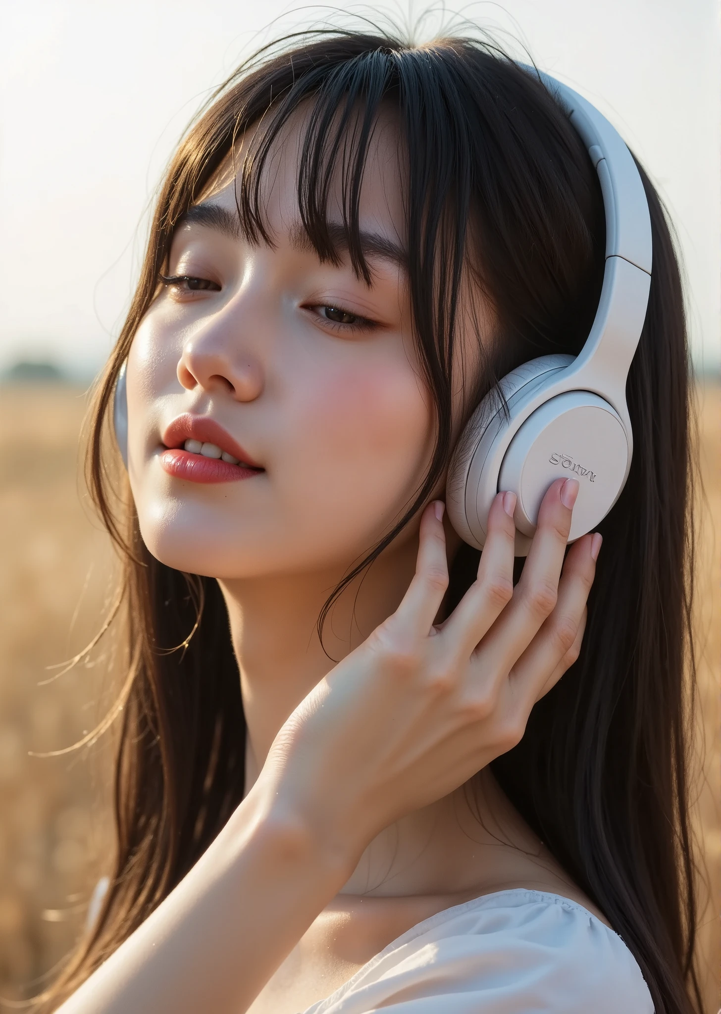  A  is listening to music with white Sony headphones、The girl has her eyes closed、I'm putting one hand on my headphones、 Above the Prairie 、evening、Pale ambient light 