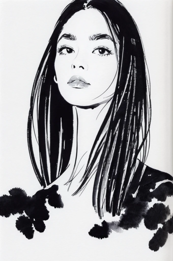 (masterpiece:1.2),(Highest quality),(Very detailed:,(High resolution),((Ink Painting)),((Monochrome)),8K,Woman Drawing,Beautiful Woman,((Black Hair)),Short Bob,Close-up of face, shuimobysim, bissett, bissett illustration, tomonorikogawa