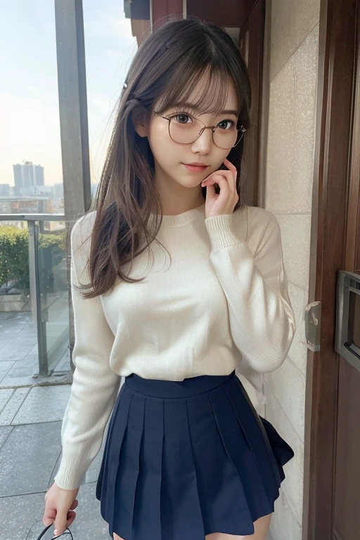 (( best quality)), ((傑 best quality、masterpiece、High sensitivity、 high definition 、詳細な描写、 Delicate Facial Description)), Slender woman、Glasses、 jumper skirt、A strong wind is blowing、Hair gets messy、 turn your skirt over 、