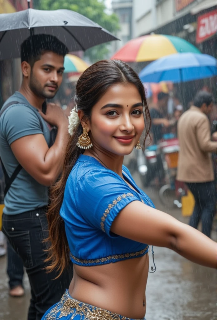 On a rainy urban street set, our protagonist stands under a simulated downpour, soaked but smiling, with her wet blue blouse clinging to her form. Her long hair is loosely styled, with strands sticking to her face, and her traditional jewelry glistens in the rain. She’s mid-dance, moving gracefully with one arm extended. A man dances beside her, and the director shouts instructions from under an umbrella while camera operators in waterproof gear capture the lively scene. Street vendors, vintage bikes, and colorful umbrellas add to the charm of this bustling scene