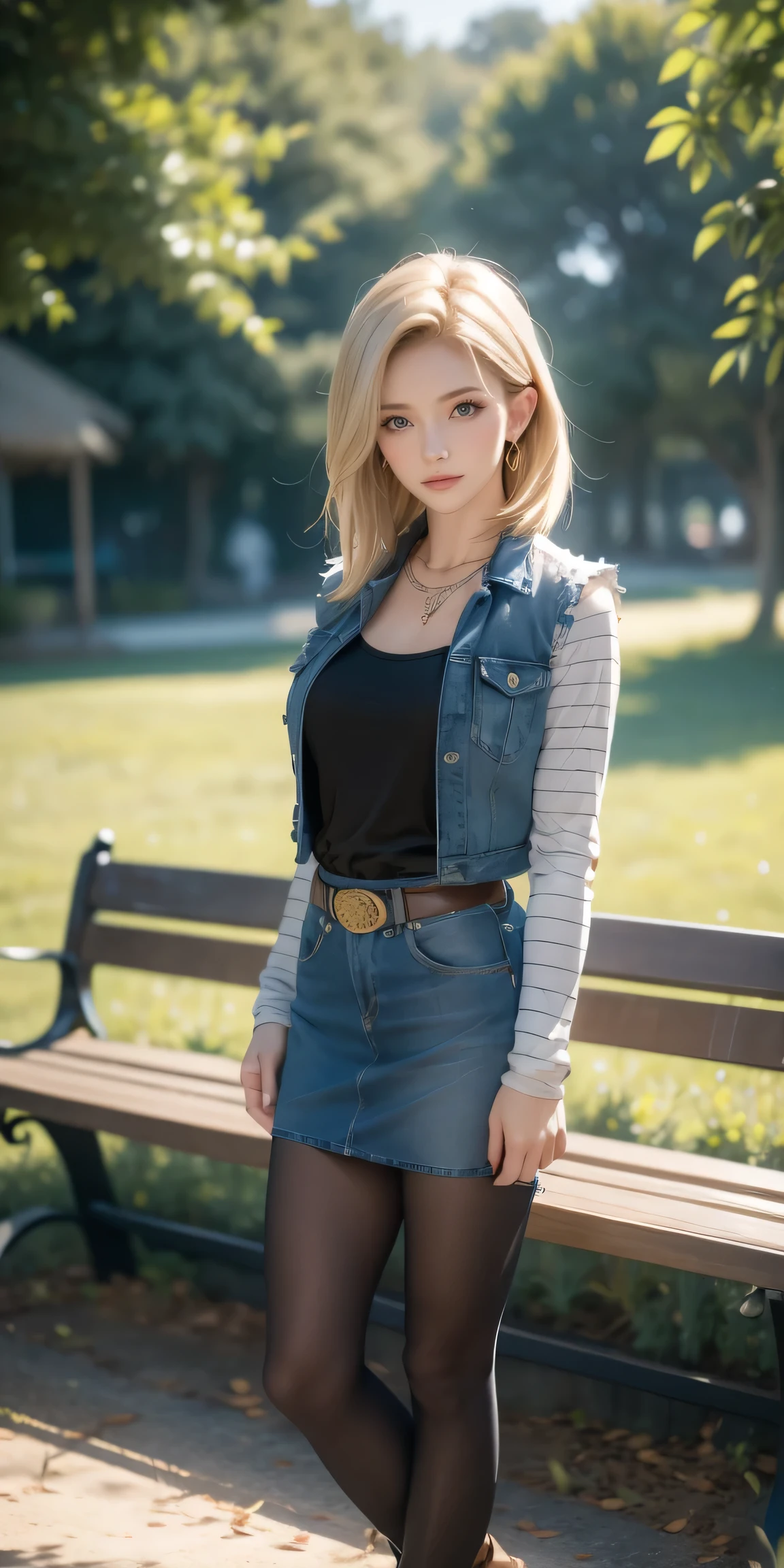 Android 18, Light Blonde hair, Medium hair shaggy cut for women, Blue Transparent eyes of Slavic Caucasians, She has sexy double eyelids above and below her eyes, The flash in the eyeballs is brilliant, She is not wearing any jewelry such as a necklace around her neck and is not wearing a bra,She only Wears round earrings, Tight Long sleeves with black stripes on a white background, Blue denim mini vest, Blue denim mini skirt, The denim mini skirt and denim mini vest set in the same blue color, The mini denim vest does not have a zipper, but the mini denim skirt does, and the denim vest has five silver buttons to fasten the garment, The denim skirt's zipper seam line and stitching run vertically straight to the bottom of the skirt, and the denim vest has no zipper, so it's clean, Open-chested denim vest, Large breasts, Women's Western Cowboy Belt, Brown see-through pantyhose, Western short boots, Looking at viewer, Her whole body is visible on the screen, She is standing in front of the bench Her entire body is visible on the screen, from her head to her boots, Slight smiling with closed lips standing next to bench , Blue sky, outside, park, grass, Summer, trees, blue sky, high quality, masterpiece,