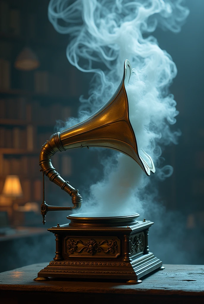 Please create an image with the concept of Gloomy Notes, that deals with gelatinous-looking musical notes coming out of a phonograph.