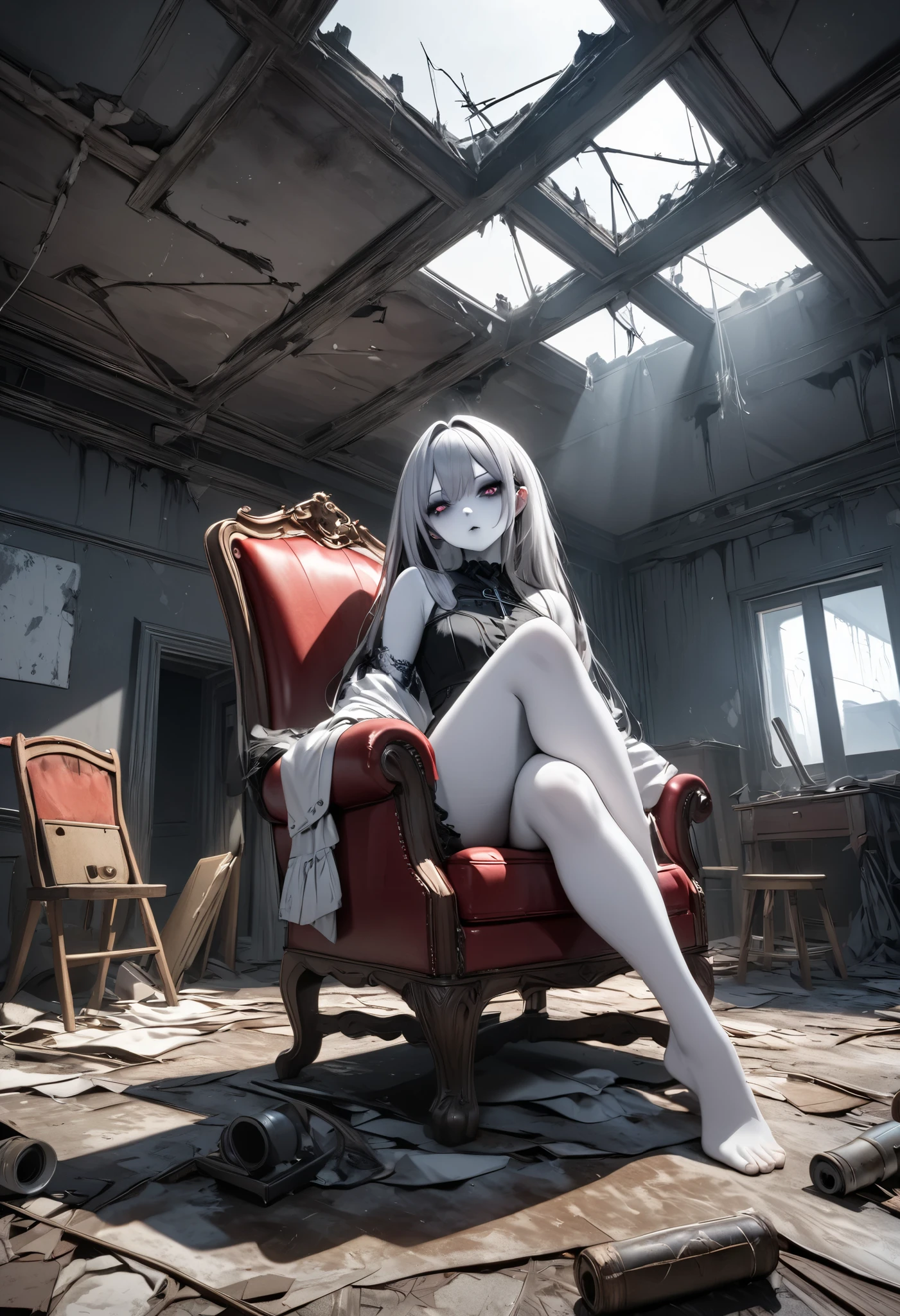 masterpiece, best quality, 8k, highres, ultra-detailed, HDR, UHD, ground shot,1girl,darkgothic,Transparent white skin,derelict room,sitting chair, cross-legged