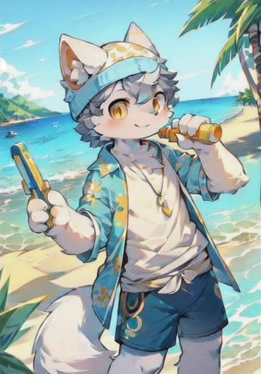 White male cat,boy,cute,Q version,Goggles,Big furry tail,Hairy pads,,Golden Eyes,,Detailed background,On the beach,Wear a bandana,Open floral shirt,Blue floral shorts,sunny,seaside,Water in hand,Smile happily,Silver hair,coconut tree