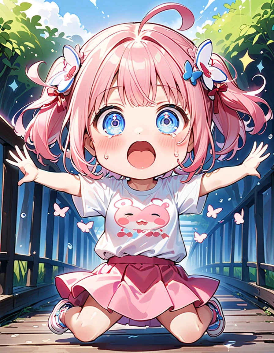 (masterpiece), best quality, expressive eyes, perfect face, a man get transformed into a  girl, solo, blushed, black hair, long hair, red baseball cap, brown eyes, (full body), open mouth, get electrocuted, pink electricity, bare foot, cute pink dress, in a park.