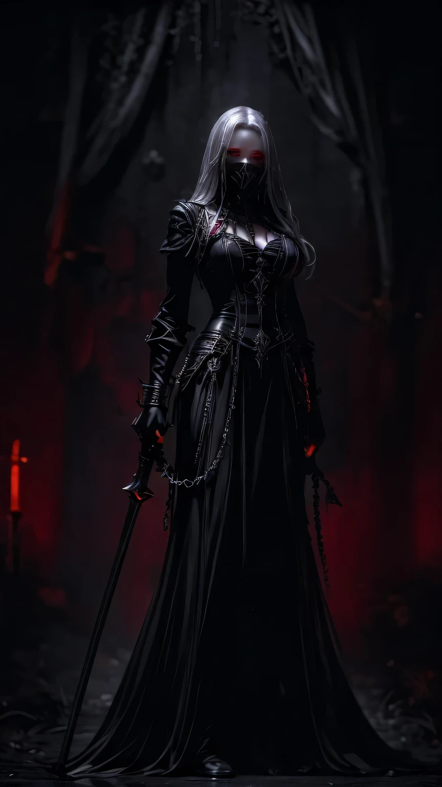 woman, ultra high details, dark fantasy, grim background, bloom, glowing red eyes, dark environment, bloody theme, sharp chains, hips up, witch, nardack, pale skin, red light effect, white hair,