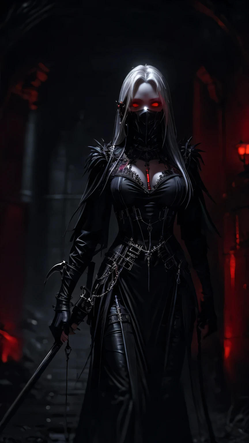 woman, ultra high details, dark fantasy, grim background, bloom, glowing red eyes, dark environment, bloody theme, sharp chains, hips up, witch, nardack, pale skin, red light effect, white hair,