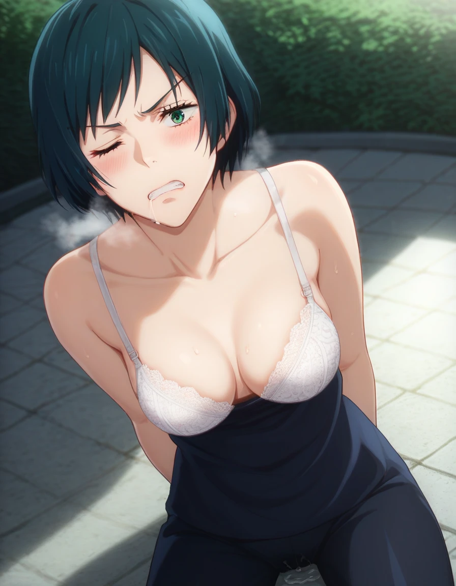 score_9, score_8_up, score_7_up, sauce_anime, ambient light,
jujutsu_kaisen_style, Mai Zenin,,zenin mai, black hair, green eyes, ,1girl ,tall girl,, blue hair, short hair, blue eyes, wince, frown, close up face:0.2,
nsfw, (show off pussy),,  black dress, sleeveless dress, maizeninSDXL, hands behind backs, undress pants, in lace white panties, pussy juice, saliva,
outdoors,, realistic outdoor, (kneeling), , steam, 
cowboy shot,, looking at viewer, solo, dutch angle, blush,, lace white bra , clenched teeth, saliva, drooling moanin, medium breast,