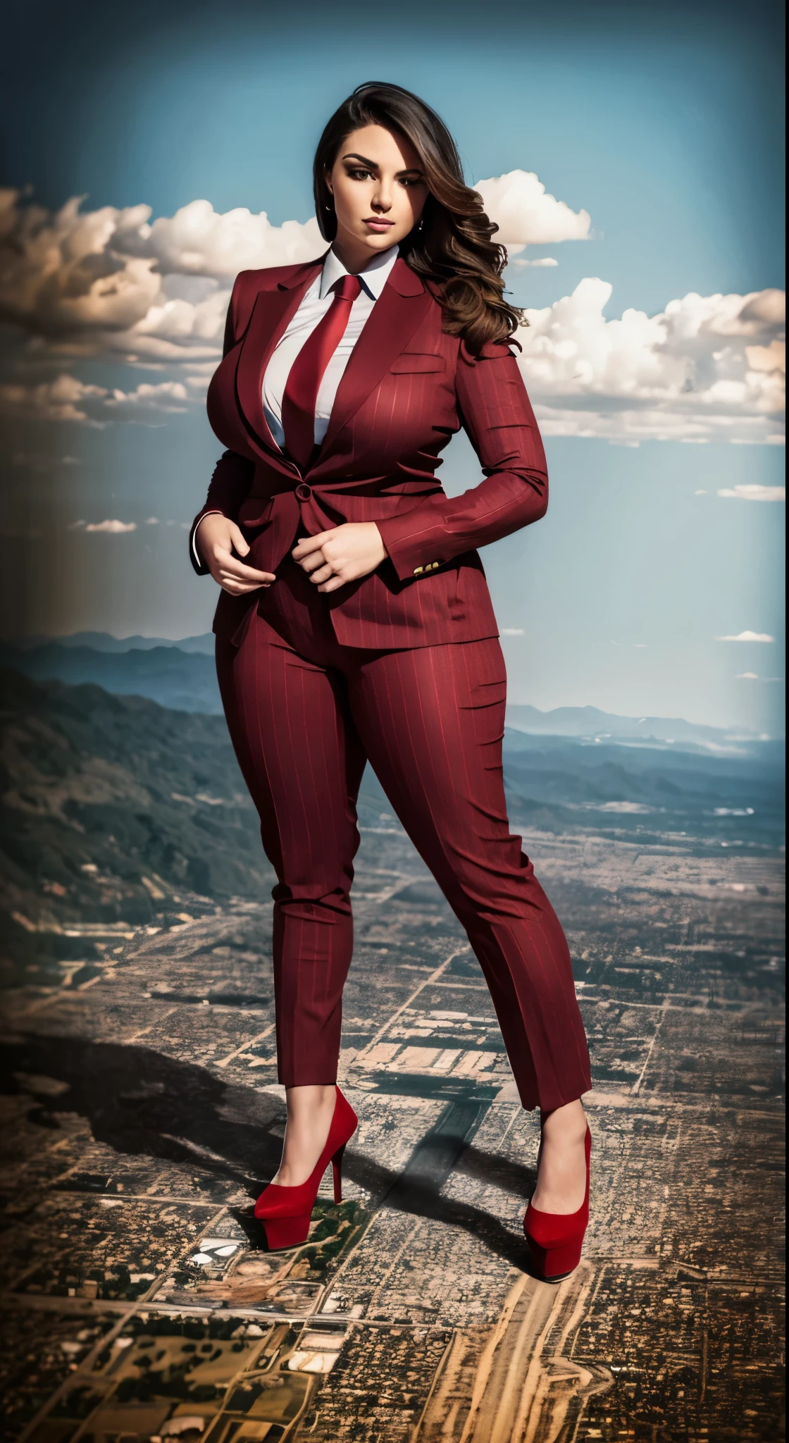 A sophisticated and stylish wowan in a grey pinstriped trouser suit, white shirt, and a large wide blue necktie with a really large windsor knot, with a beautiful, curvaceous figure, massive breasts, and long hair, with a curvaceous figure and massive breasts. wearing red rounded platform high heels with uncovered feet and standing, rampage-like pose, with a cityscape background of mega-city, urban sprawl, and small towns, partially obscured by a hazy, cloudy atmosphere. The image is a high-resolution, masterpiece-quality, cinematic, ultra-detailed, and hyper-photorealistic photograph, with perfect hands, face, and lighting. ultra-detailed, 8K, photo-realistic, hyper-realistic, masterpiece, intricate details, full body view. Looking at camera, The image is a high-resolution, masterpiece-quality, cinematic, ultra-detailed, and hyper-photorealistic photograph, with perfect hands, face, and lighting. ultra-detailed, 8K, photo-realistic, hyper-realistic, masterpiece, intricate details, full body view