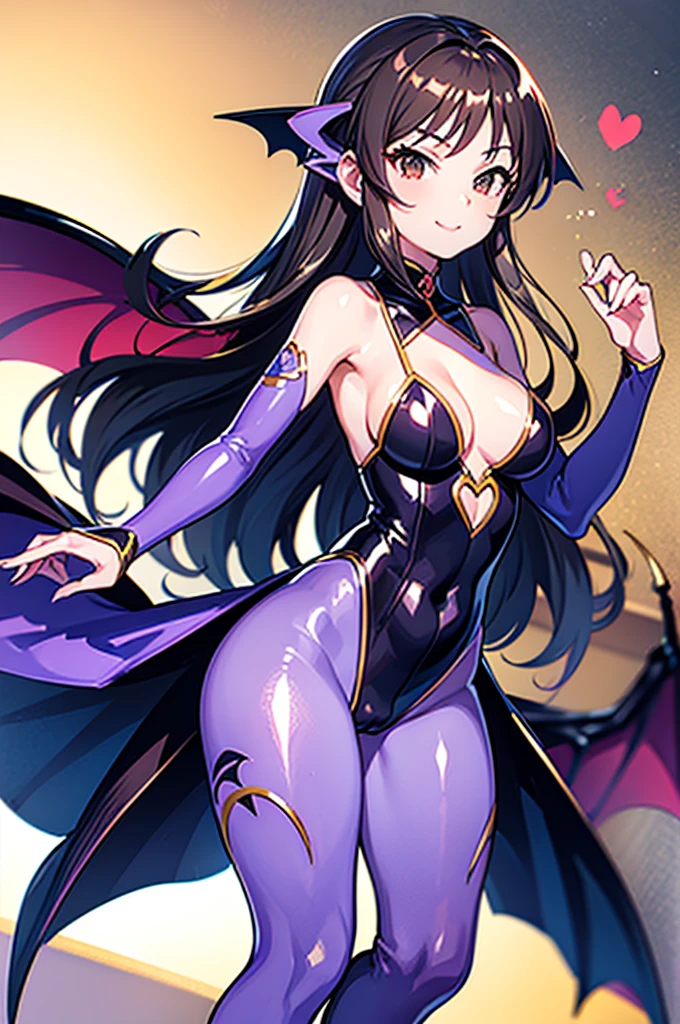 Draw a face carefully　 anime style high quality face　Dark hair 　  black full body suit  　Purple pantyhose with bat print　 charming　smile　 Morgane Earnsland 　 rear view of posture