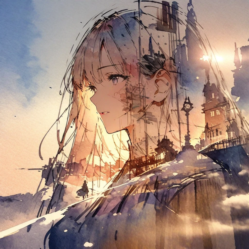 ((sketch:1.5)), ((watercolor:1)), Double Exposure of a Beautiful and Delicate Woman (The face is clear and perfect)image，Background、 Perfect Ultra Detailed Victorian Scenery , beautiful, beautiful笑顔, complicated illustration,  Artwork Concept Artwork, break,( by acknowledging your own weaknesses、Solve it easily ),