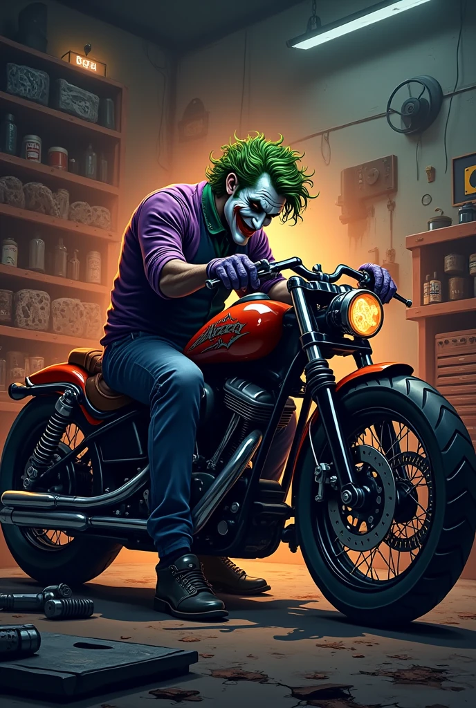 Motorcycle workshop logo with the Joker fixing a chopper