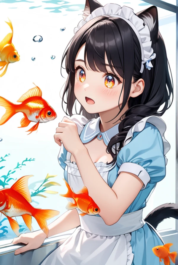 Black hair, cat ears, cat tail, light blue maid outfit, aquarium, goldfish, sparkling eyes, girl gazing at aquarium