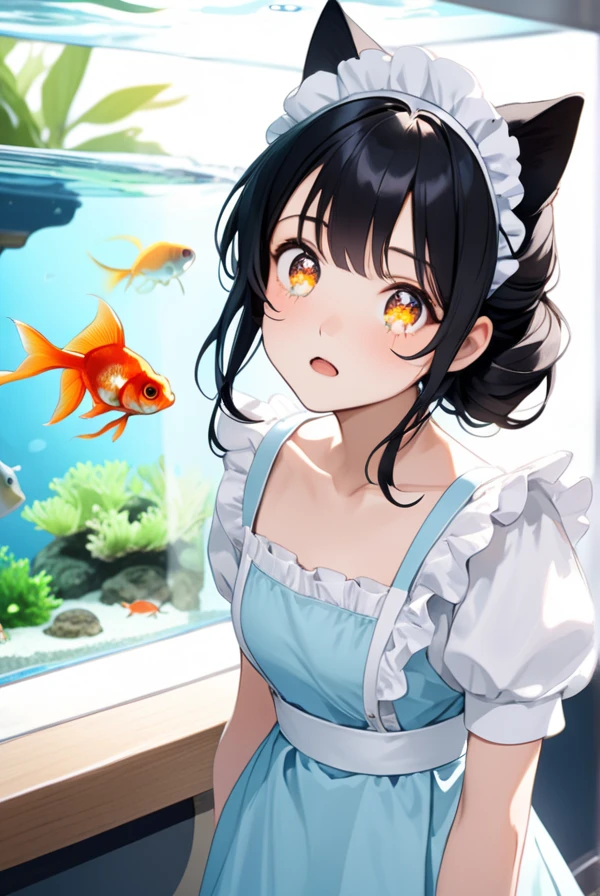 Black hair, cat ears, cat tail, light blue maid outfit, aquarium, goldfish, sparkling eyes, girl gazing at aquarium