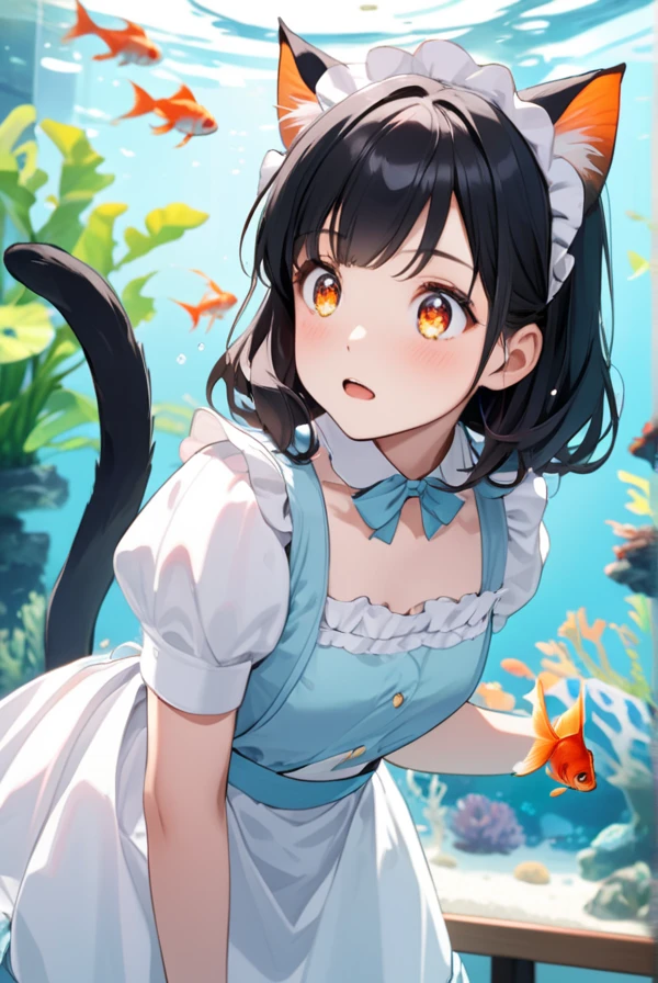 Black hair, cat ears, cat tail, light blue maid outfit, aquarium, goldfish, sparkling eyes, girl gazing at aquarium