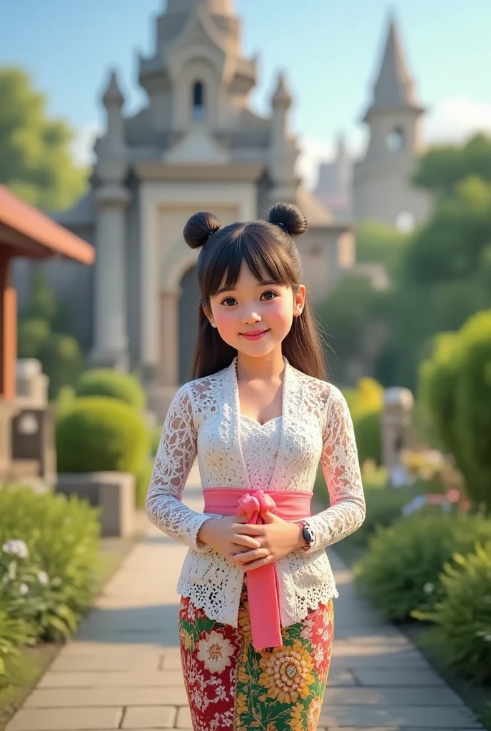 a girl wearing white kebaya bali, ((Bali temple Background)), temple background