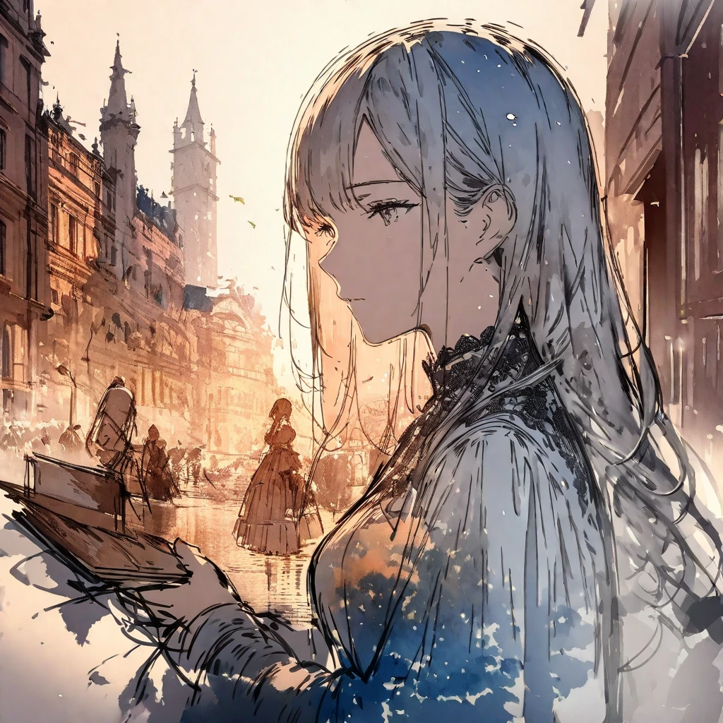 ((sketch:1.5)), ((watercolor:1)), Double Exposure of a Beautiful and Delicate Woman (The face is clear and perfect)image，Background、 Perfect Ultra Detailed Victorian Scenery , beautiful, beautiful笑顔, complicated illustration,  Artwork Concept Artwork, break,(Everyone knows it's better not to tell s to study),