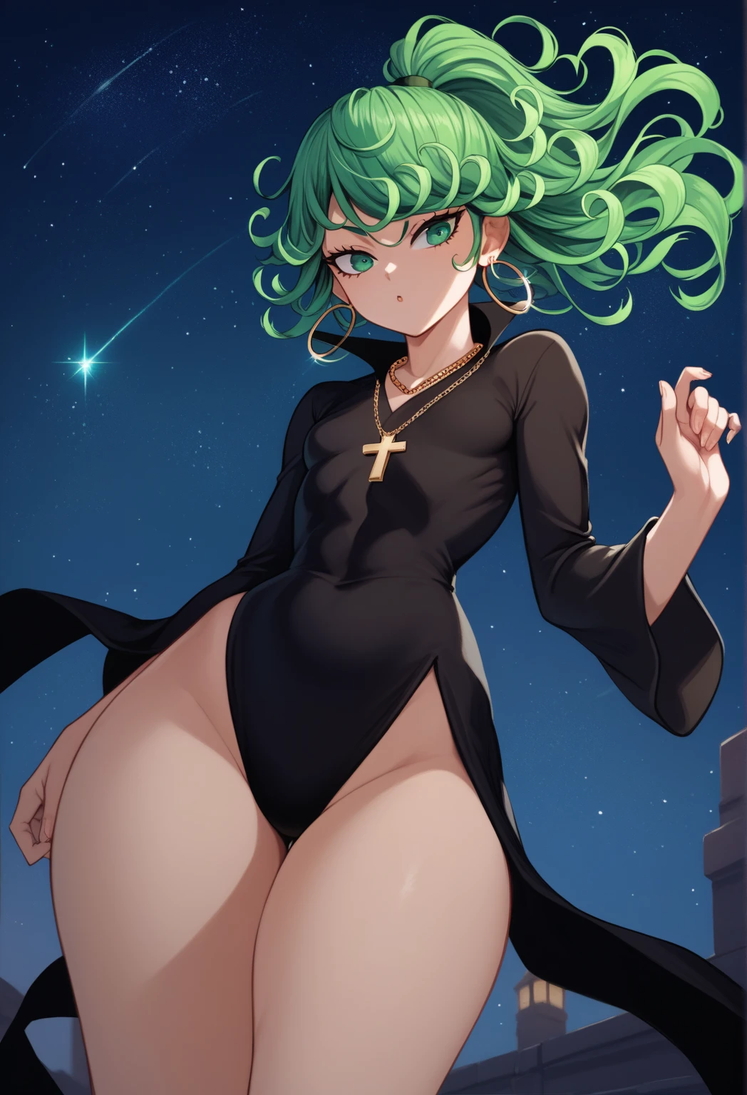 tatsumaki,green hair,curly hair,green eyes, long hair,small breast , Ponytail,
, earrings,hoop earrings,cross necklace,jewelry,poese, High Resolution, Masterpiece, High Quality, Bangs, Hair Over One Eye,  cute,  night, starry sky, romantic setting,  cowboy shot, petite, solo, thick thighs, very sexy thighs, from below
