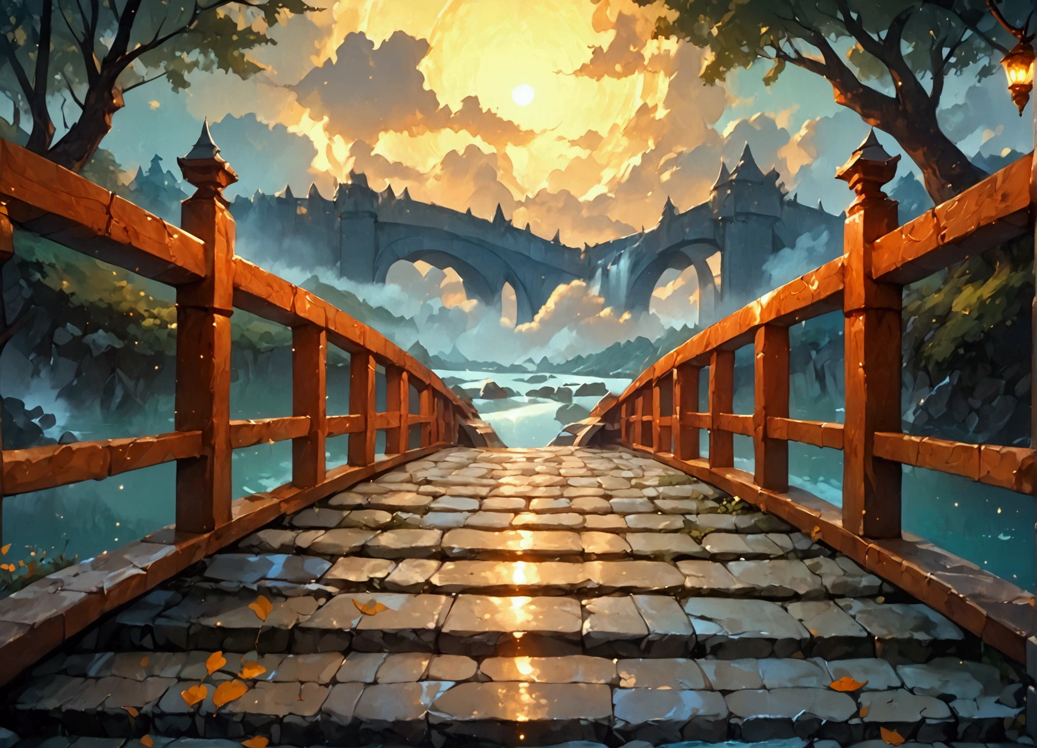 a picture ((a view from the side)), of wooden bridge between hell and heaven, from one side of the bridge inferno of hell and fire, from the other side of the bridge, celestial calm, heavenly clouds,  there is a river under the bridge, mist rising from the river, masking part of the bridge, a female angel stand guard,  best details, best quality, highres, 16k, (ultra detailed: 1.5), masterpiece, best quality, (extremely detailed) RAW, (ultra details, Masterpiece, best quality), 