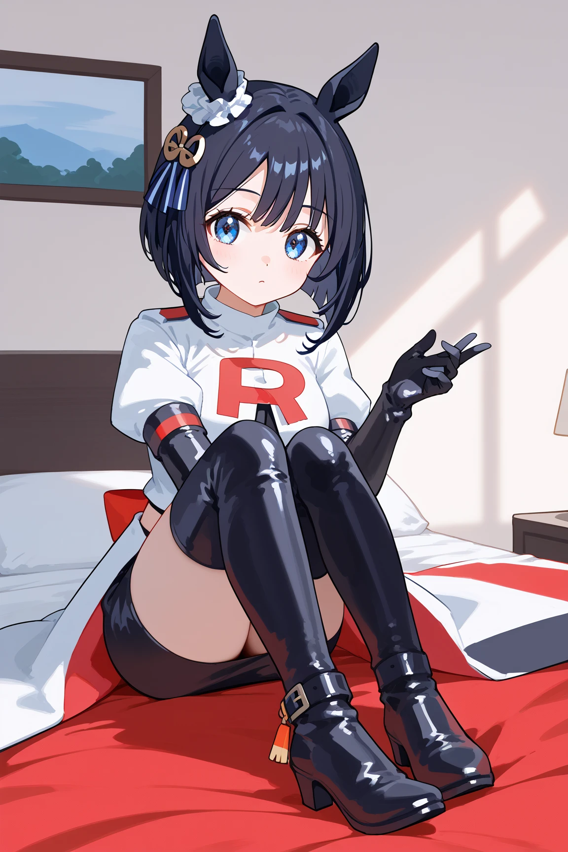 1 girl, full body, Eishin Flash (Uma Musume), Uma Musume, animal ears, horse ears, black hair, hair accessory, scrunchie and ribbon on right ear, blue eyes, bob cut, cosplay, Team Rocket uniform, white jacket, white skirt, black thigh-high boots, abdomen, black elbow gloves, looking at viewer, on bed, high quality