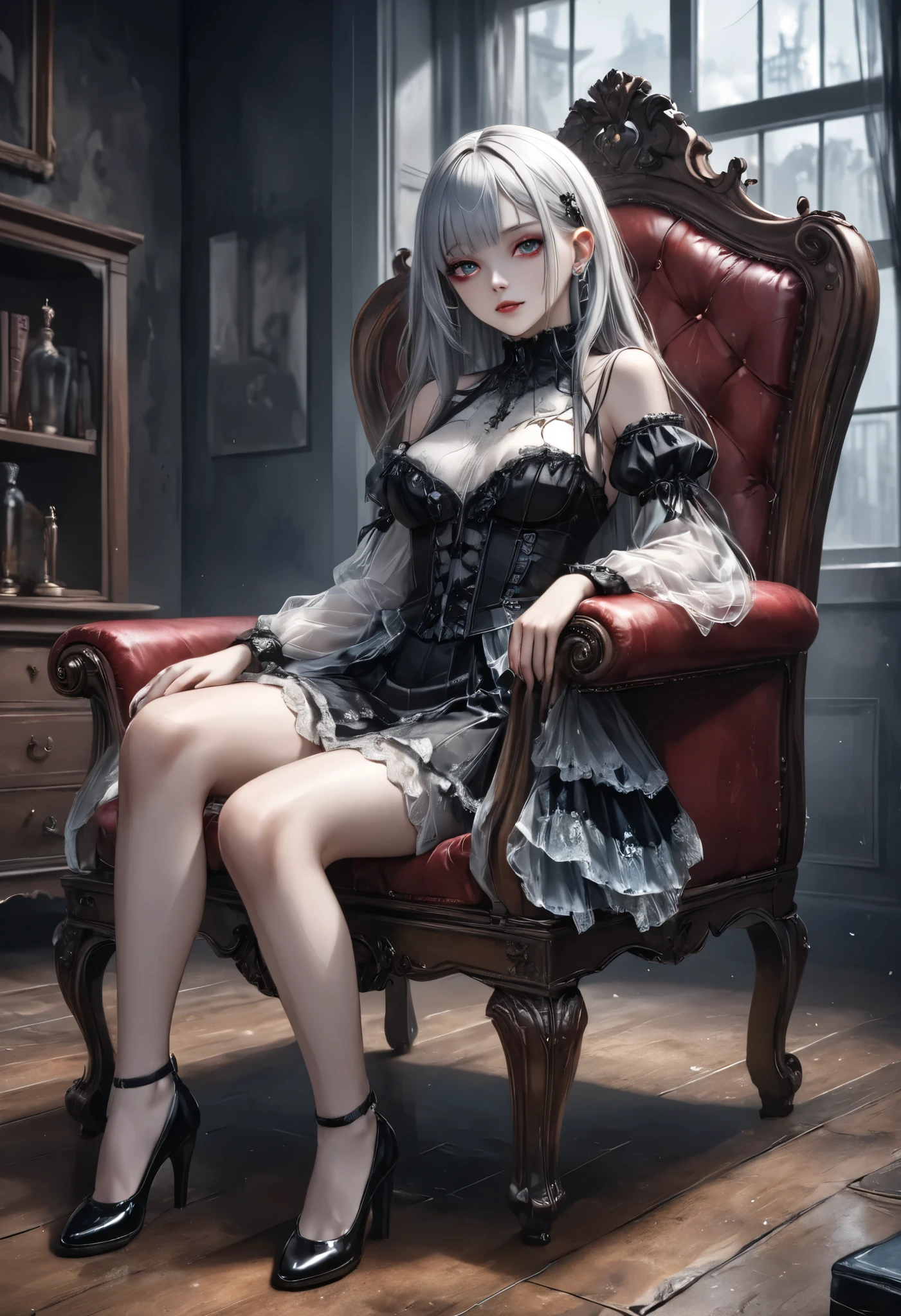 masterpiece, best quality, 8k, highres, ultra-detailed, HDR, UHD, 1girl,darkgothic,Transparent white skin,derelict room,sitting chair