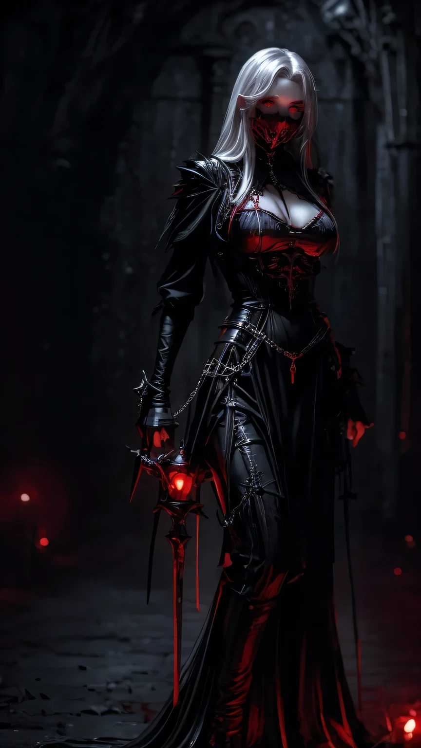 woman, ultra high details, dark fantasy, grim background, bloom, glowing red eyes, dark environment, bloody theme, sharp chains, hips up, witch, nardack, pale skin, red light effect, white hair,