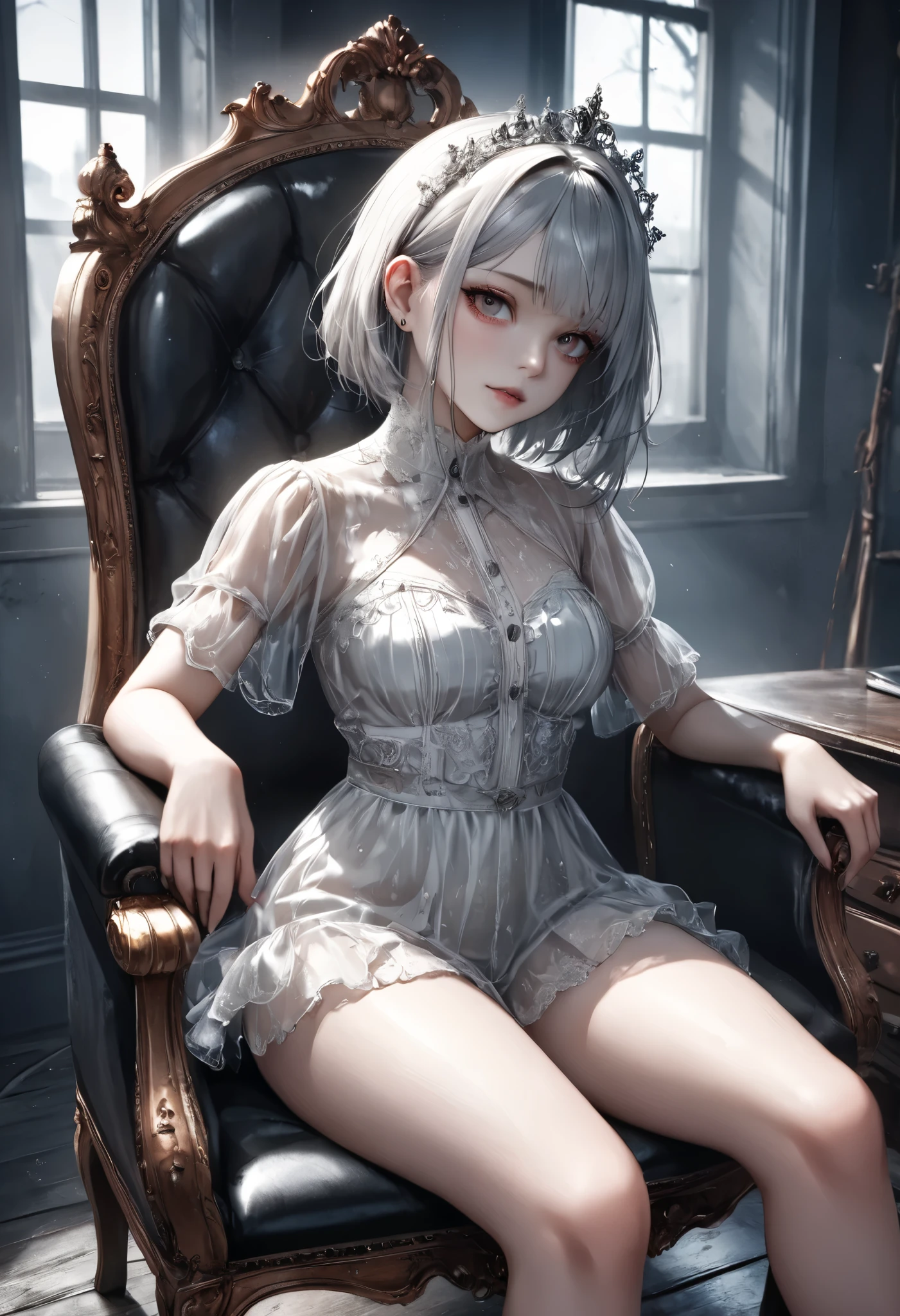 masterpiece, best quality, 8k, highres, ultra-detailed, HDR, UHD, 1girl,darkgothic,Transparent white skin,derelict room,sitting chair