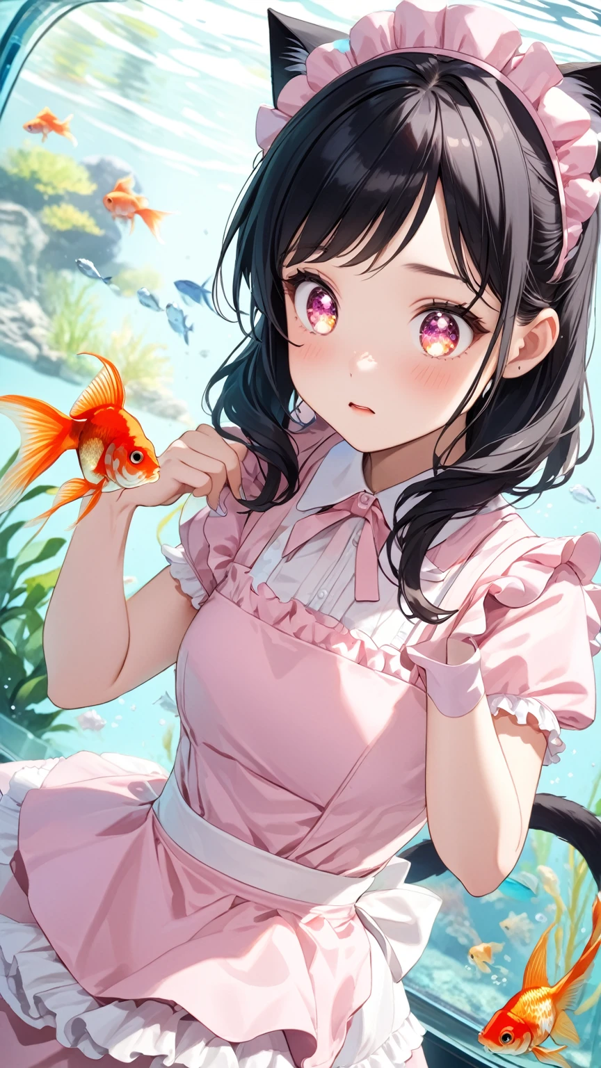 Black hair, cat ears, cat tail, pink maid outfit, aquarium, goldfish, sparkling eyes, girl gazing at aquarium