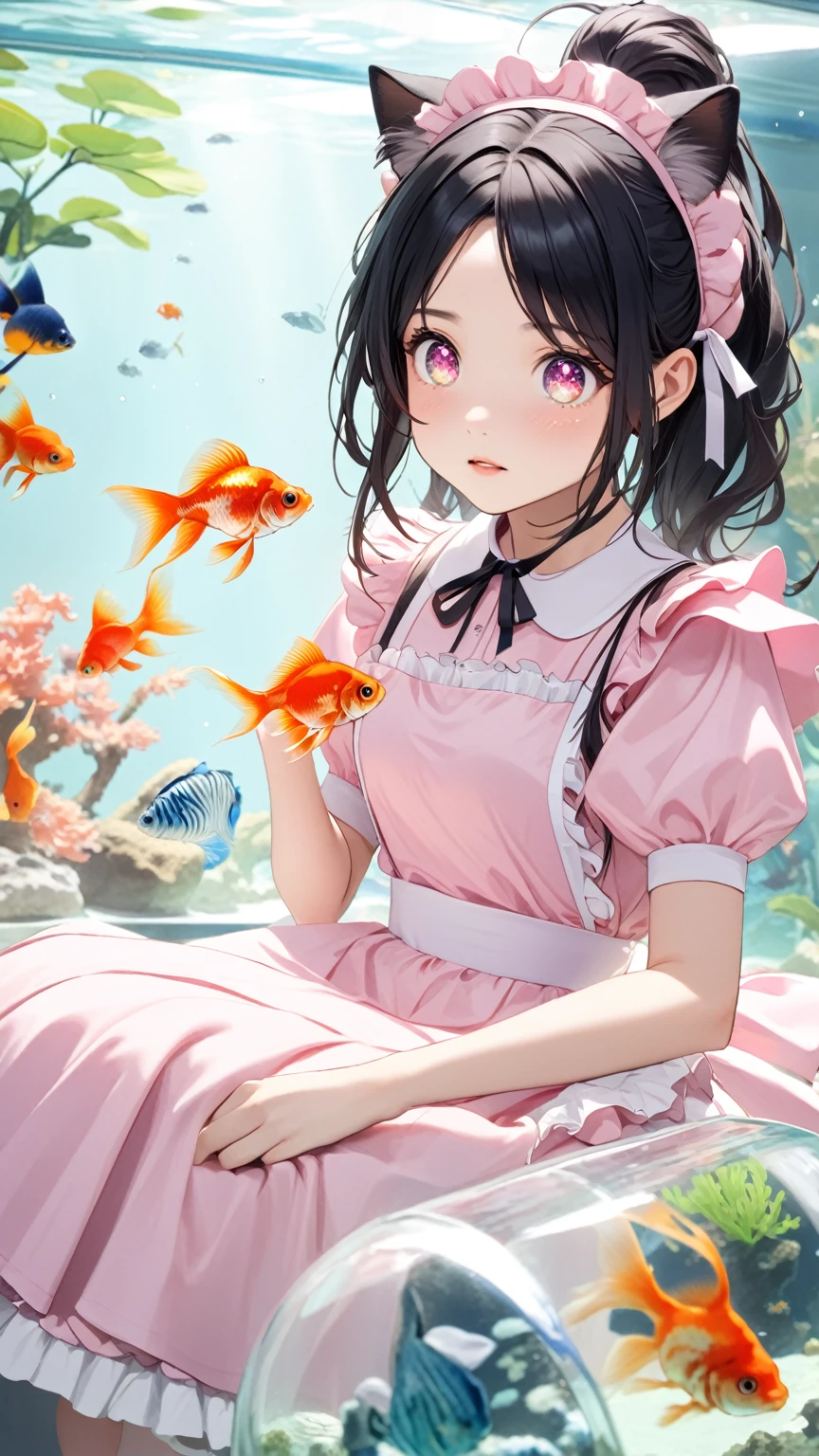 Black hair, cat ears, cat tail, pink maid outfit, aquarium, goldfish, sparkling eyes, girl gazing at aquarium