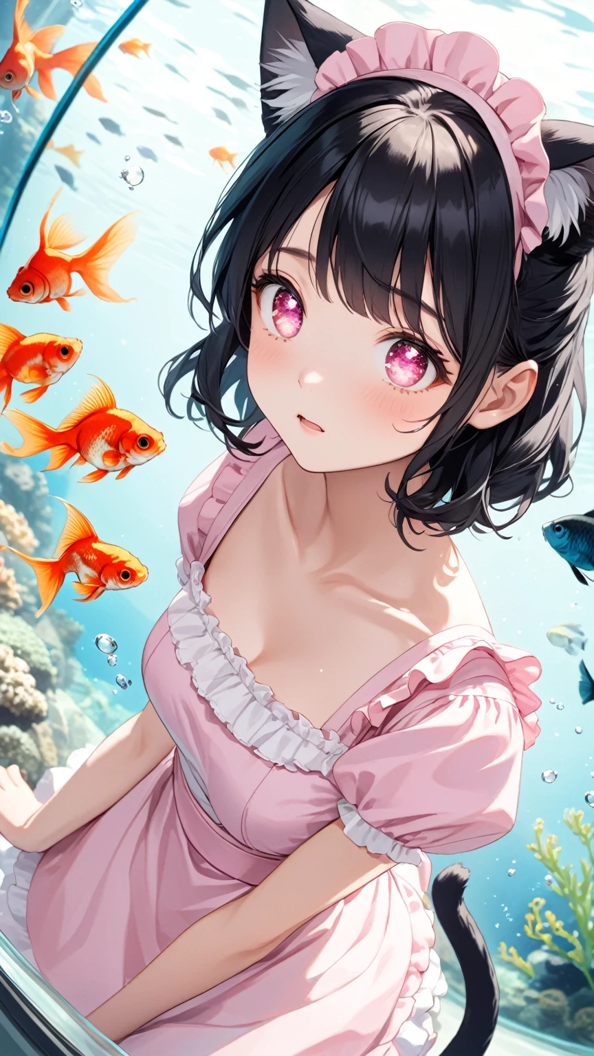 Black hair, cat ears, cat tail, pink maid outfit, aquarium, goldfish, sparkling eyes, girl gazing at aquarium