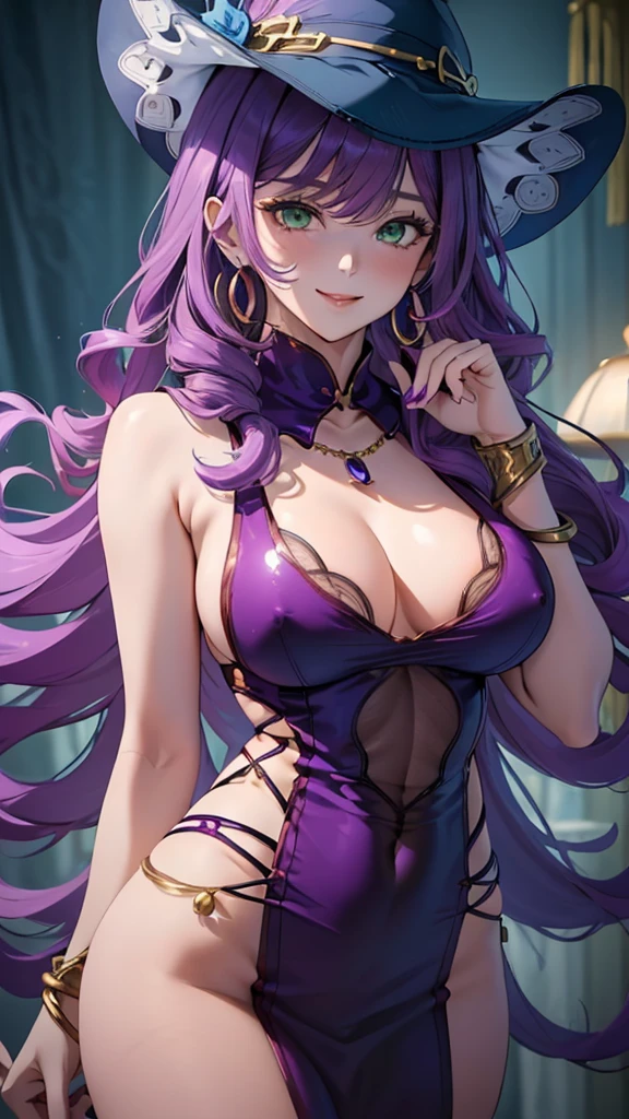 A masterpiece of the highest order, ultra high precision, ultra high image quality, 8K quality, realistic anime style, a woman, a perfect woman with the best anatomical and ergonomic face and body, a well-proportioned face and body, (((drill hair:1.2))), (((shiny Light Purple hair))), (((very long bangs:1.2))), a slim face, ((narrow light Green eyes)), deep glossy and shining eyes, eyes with highlights, very long eyelashes, thin red lips, a tall and slender body, (very large and heavy breasts:1.4), tight waist, large hips, white skin, moist and lustrous skin, (((Blue colored see-through More Revealing Sideless China Dress:1.2))), (((Hat)), (((large pearl necklace))), (((large earrings, (((bangles))), (((beautiful smile))), mysterious atmosphere, great presence, ((upper body, sexy pose))
