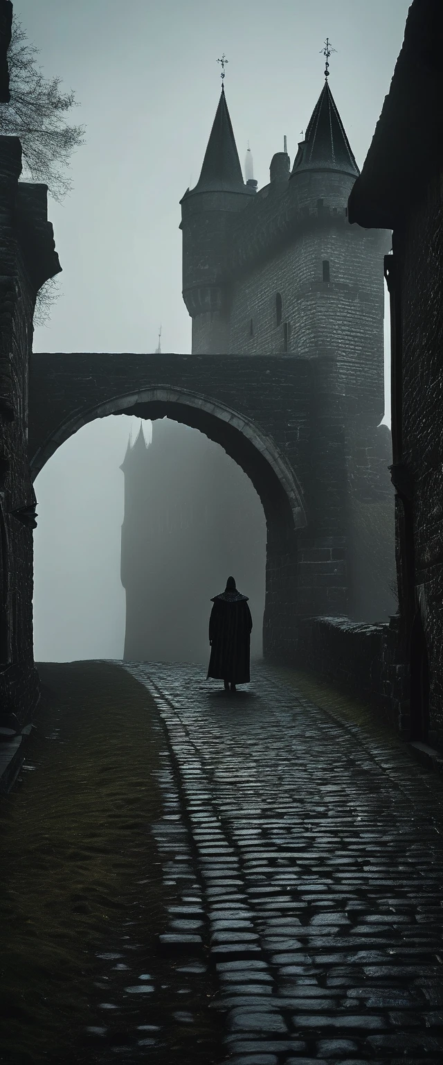 plano general, Lonely bridge in the middle of a fog, stone,  bridge surrounded by thick fog at ground level, light in the rest of the image:1.5,  at the end of the bridge there is a castle from the medieval period, Gloomy, wet, darkness, Luz outfit, Medieval times , Gothic art, Action painting, profundidad de campo,  cinematic lighting , U High Definition , necessary,  Anatomically correct ,  old school ,  super detail ,  tall details ,  lyrics, Winner Award ,  Best quality ,  High Definition , eznegativxl ,  Locals avoid a narrow alley in the oldest part of the city .,  who whisper about a shadow figure that stalks the cobblestone streets at night  .  Those who have crossed paths with this entity report that they feel an overwhelming sense of dread and hear whispers that seem to come from nowhere., hyperrealism, chiaroscuro, Minimalism, gothic art, chiaroscuro, depth of field, Retina,  masterpiece, highres, 1080P, 16K, UHD, Retina,  masterpiece, Accurate, Super detail, high details,  high quality ,  award winning , best quality, highres, 1080P, HD, 16K. eznegativexl ,