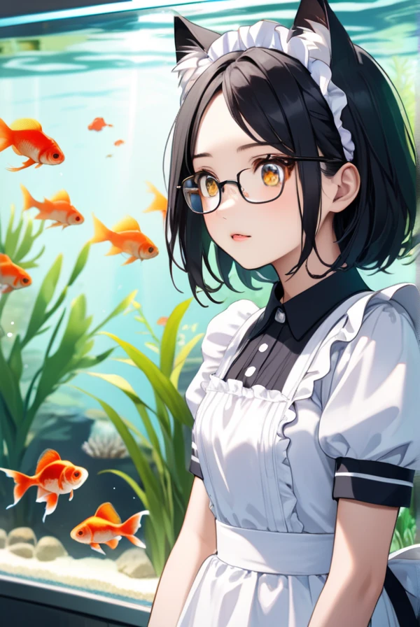 Black hair, glasses, cat ears, cat tail, maid outfit, aquarium, goldfish, sparkling eyes, girl gazing at aquarium