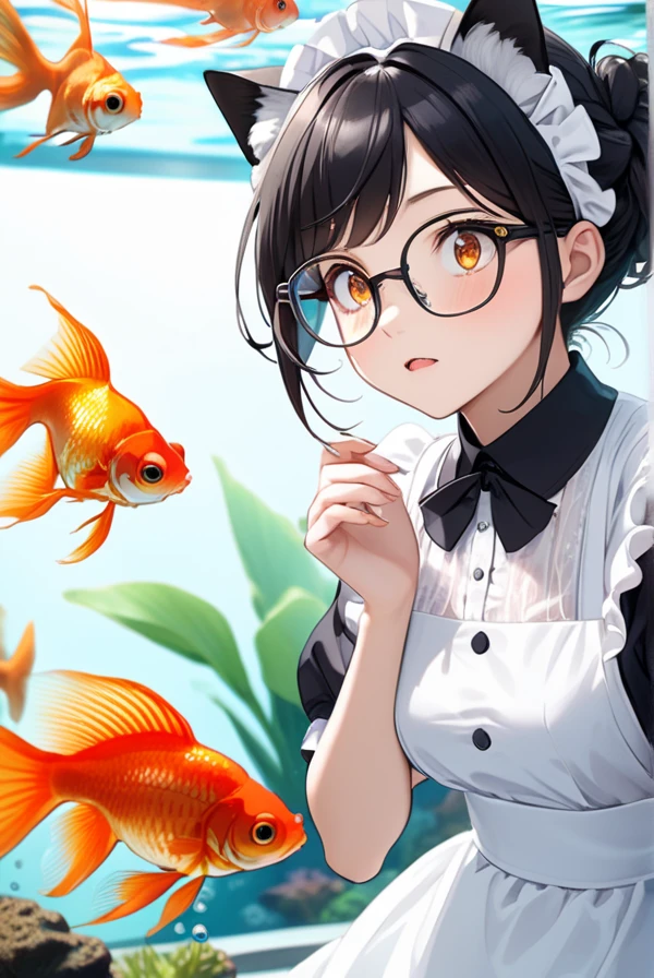 Black hair, glasses, cat ears, cat tail, maid outfit, aquarium, goldfish, sparkling eyes, girl gazing at aquarium