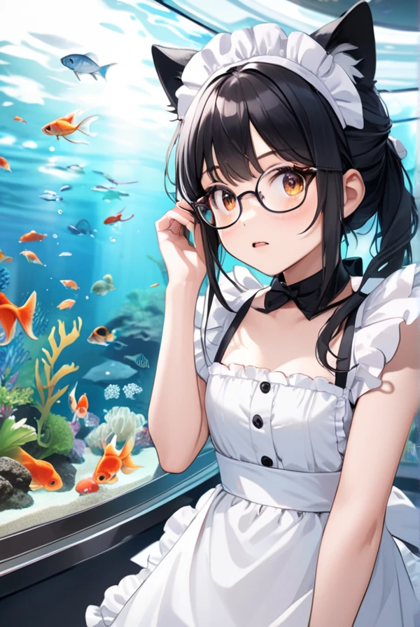 Black hair, glasses, cat ears, cat tail, maid outfit, aquarium, goldfish, sparkling eyes, girl gazing at aquarium