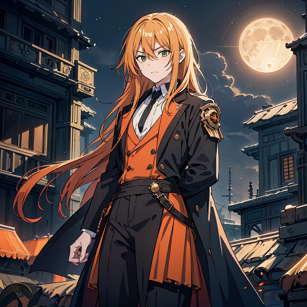 orange battle coat, Orange and black outfit ,  long brand hair,  straight hair,  long bangs  ,  close your mouth and laugh , ４０age,  handsome, Muscular, Narrow green eyes ,  Official Art、  best quality、  Unity 8K Wallpaper 、32K、masterpiece、Super detailed, Male nose, Male Eyes  , Male outline  ,  male skeleton  , carrying a large red sword , Light and Smoke Background , Moonlight,