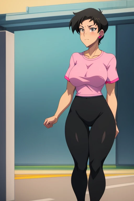 IkumiSunohara, Lois Lane, wearing a pink T-shirt, pink leggings, standing ,high quality,4k, very short black hair, grey eyes