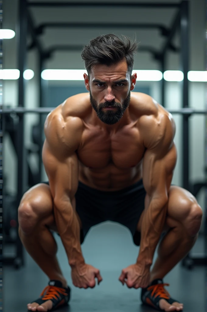 Muscular man with tattoos on his left arm doing bicep curls with weights in the gym."scenery: Gym with good lighting, him lifting weights in front of a mirror.
