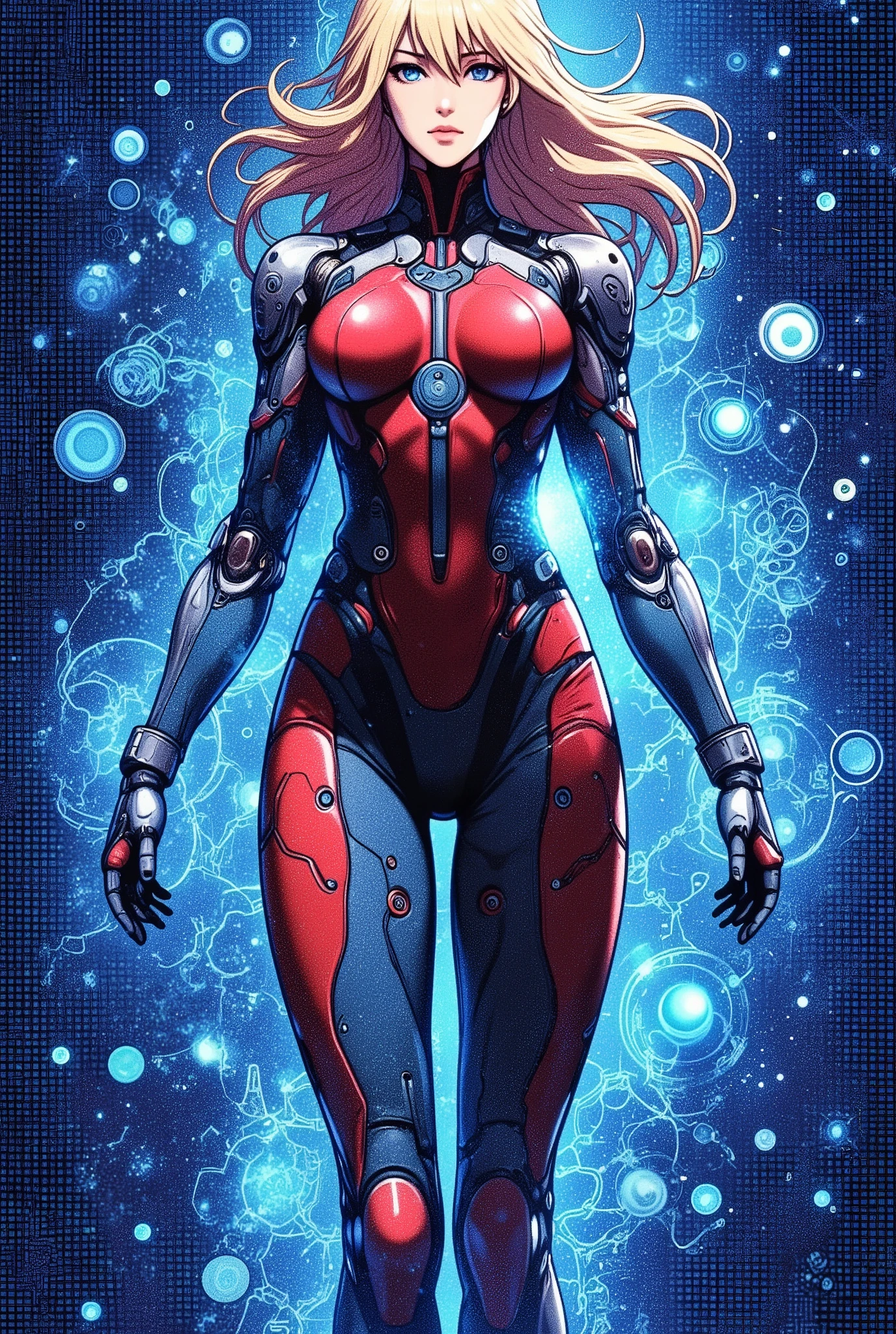 (masterpiece, best illustration,Super detailed),( android woman),(front:2.0),( beautiful face),( beautiful eyes),(Women jump dynamically:2.0),( face up :2.0),( hair that flutters like:2.0),( The background is a blue hologram with a large blue check pattern),(Neon colored planetary groups in the background:2.0),(The background and the woman overlap seamlessly :2.0),(Double Exposure:2.0)