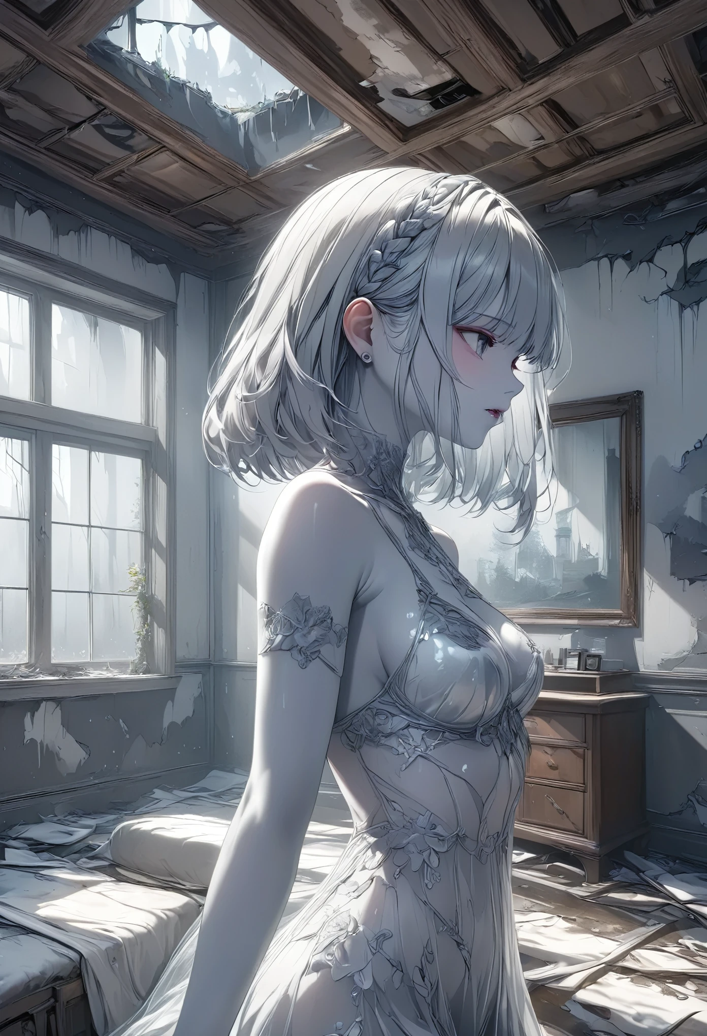 masterpiece, best quality, 8k, highres, ultra-detailed, HDR, UHD, 1girl,upper body,side view,Transparent white skin,drkgirl, derelict room