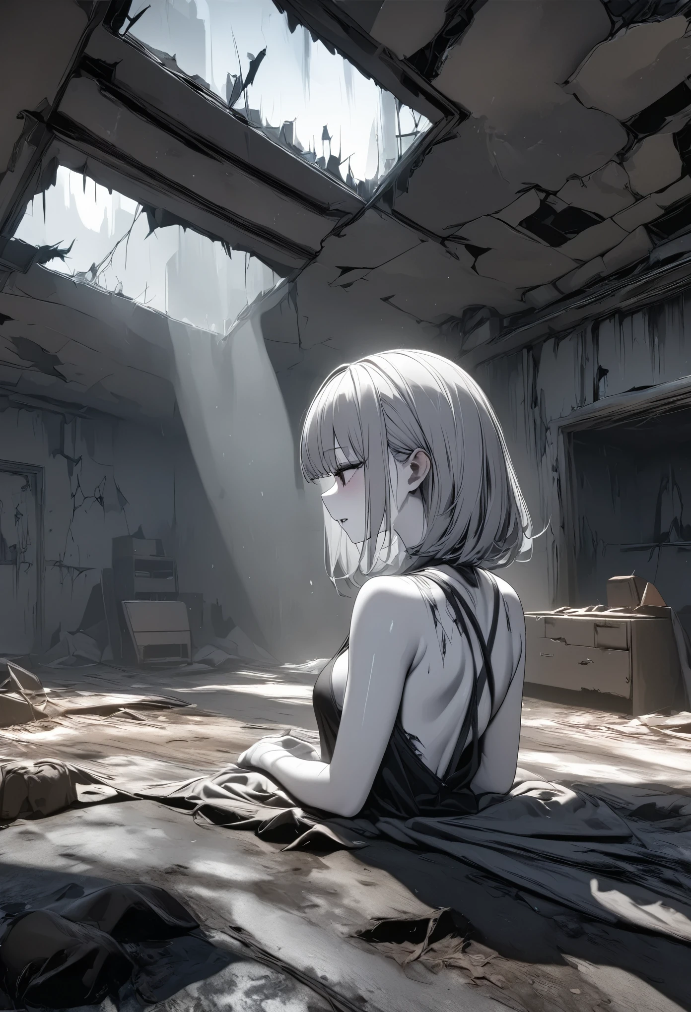 masterpiece, best quality, 8k, highres, ultra-detailed, HDR, UHD, 1girl,upper body,side view,Transparent white skin,drkgirl, derelict room