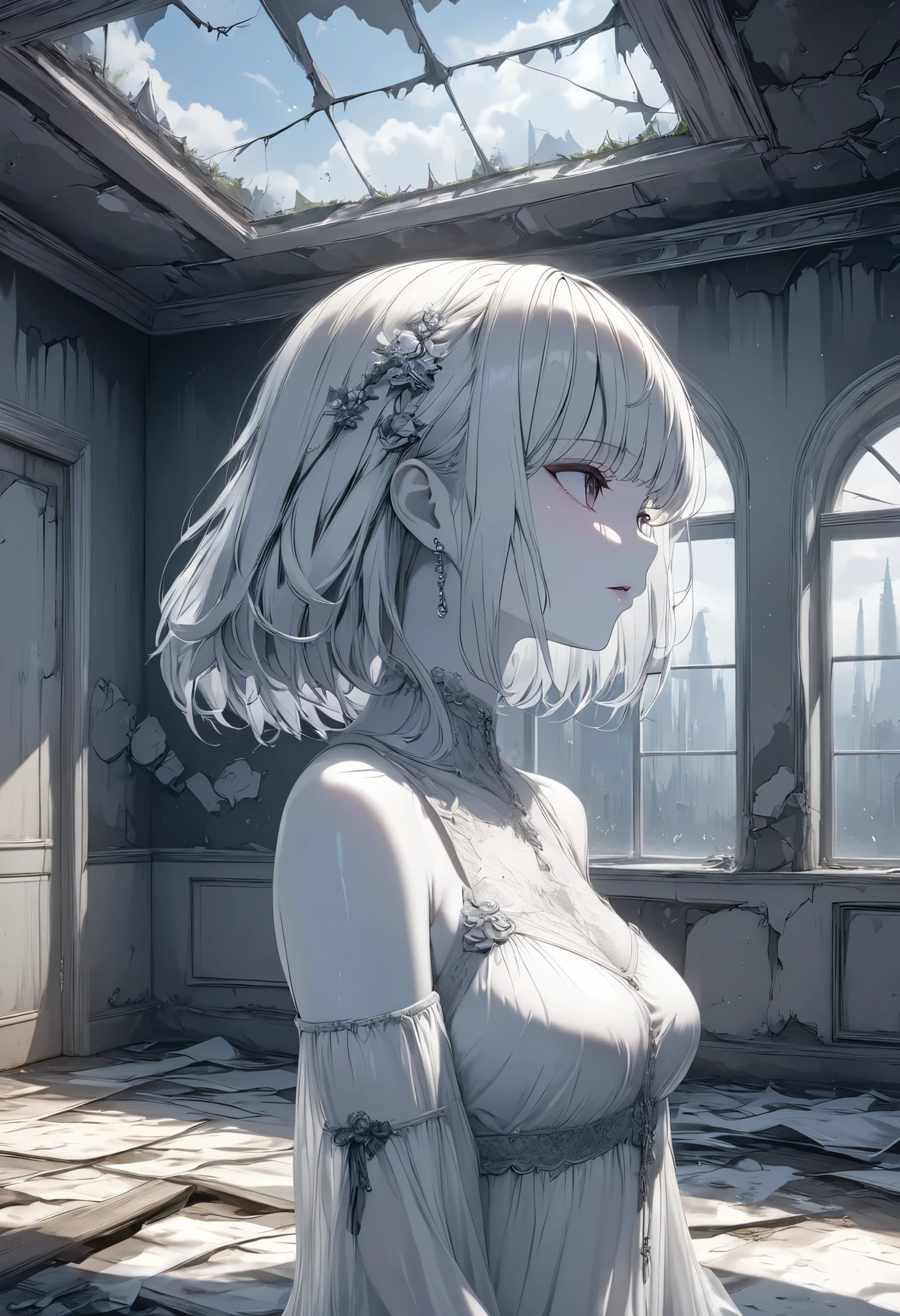 masterpiece, best quality, 8k, highres, ultra-detailed, HDR, UHD, 1girl,upper body,side view,Transparent white skin,drkgirl, derelict room